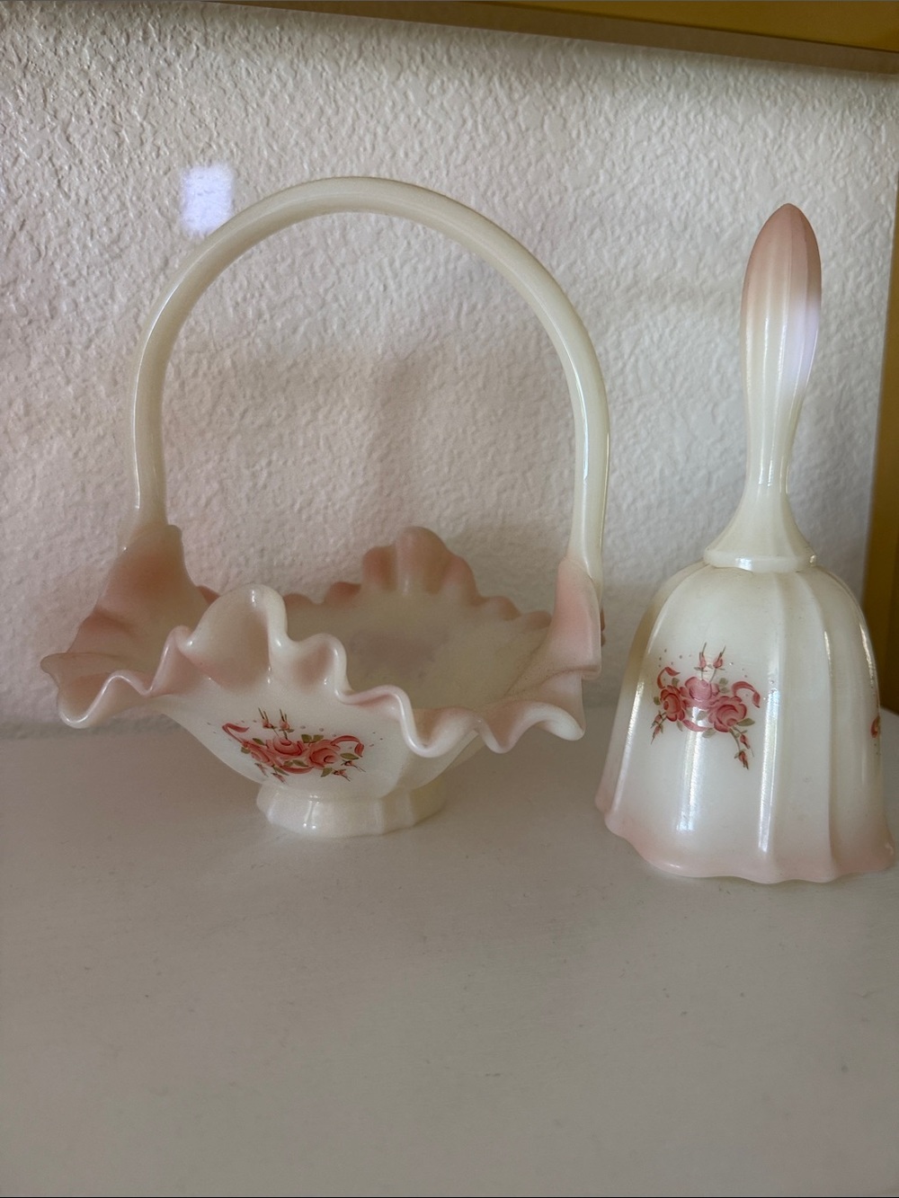 Fenton Pink Floral Milk Glass Basket and Bell Set